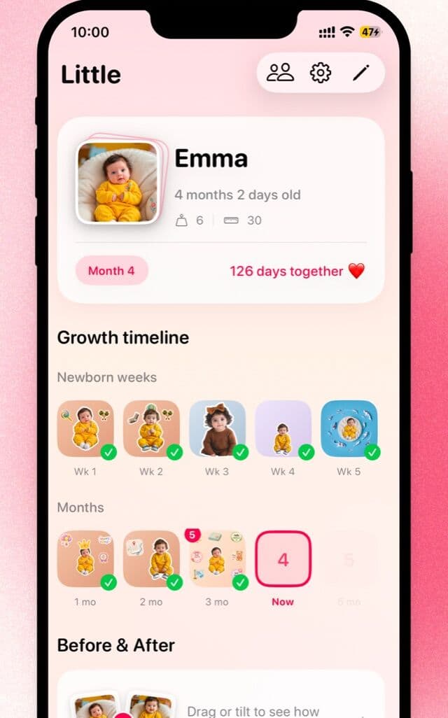 Little's growth timeline showing newborn weeks and monthly baby milestones for a four-month-old
