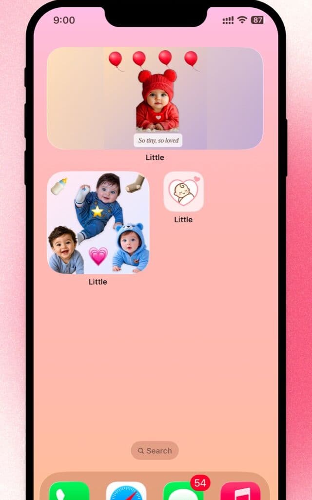 A baby milestone photo widget on an iPhone Home Screen, showing a baby in a red hat with balloons