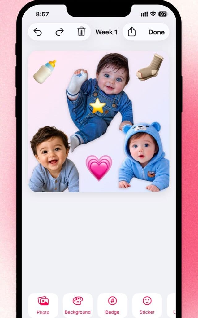 The Little editor with cut-out baby photos, a bottle sticker and a heart arranged on a pale pink mat