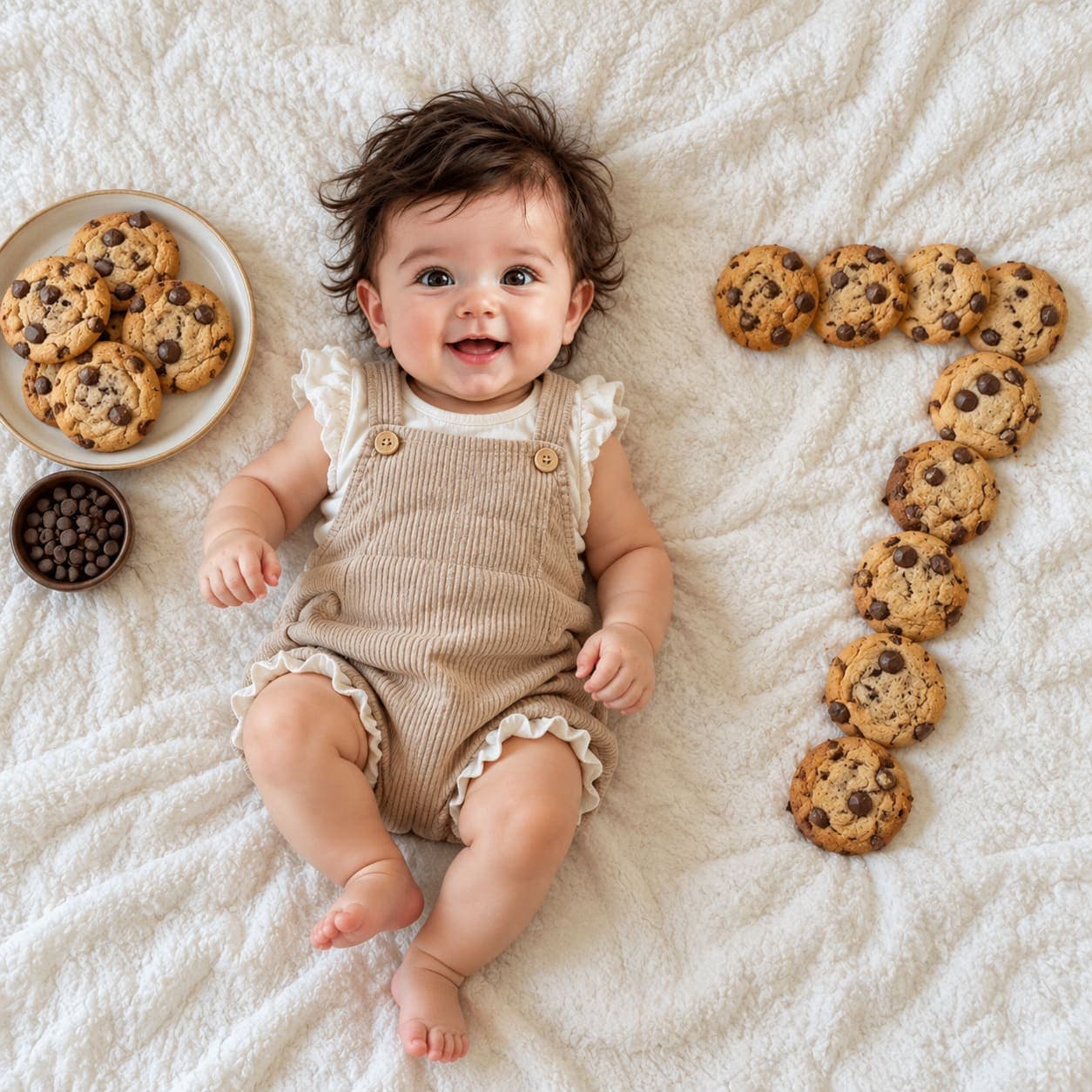 An overhead flat lay of your baby in a ruffled corduroy romper on a white blanket, with the month number laid out in chocolate chip cookies.