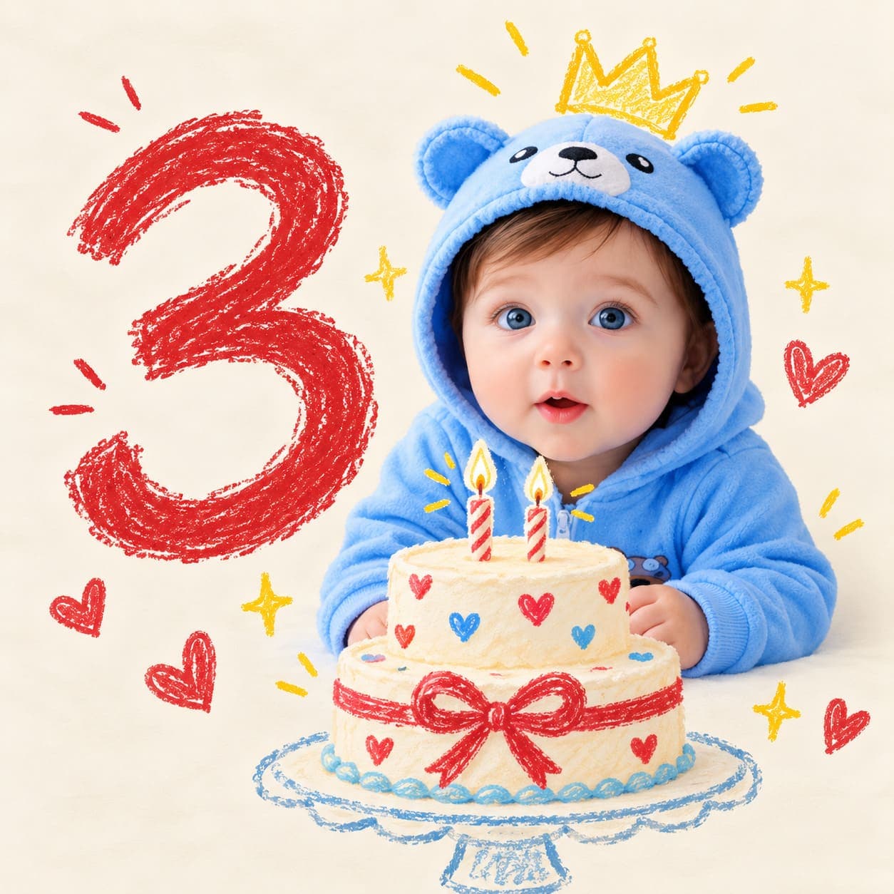 A mixed-media portrait of your real baby on a cream background, with a crayon-drawn month number, paper crown and birthday cake doodled around them.
