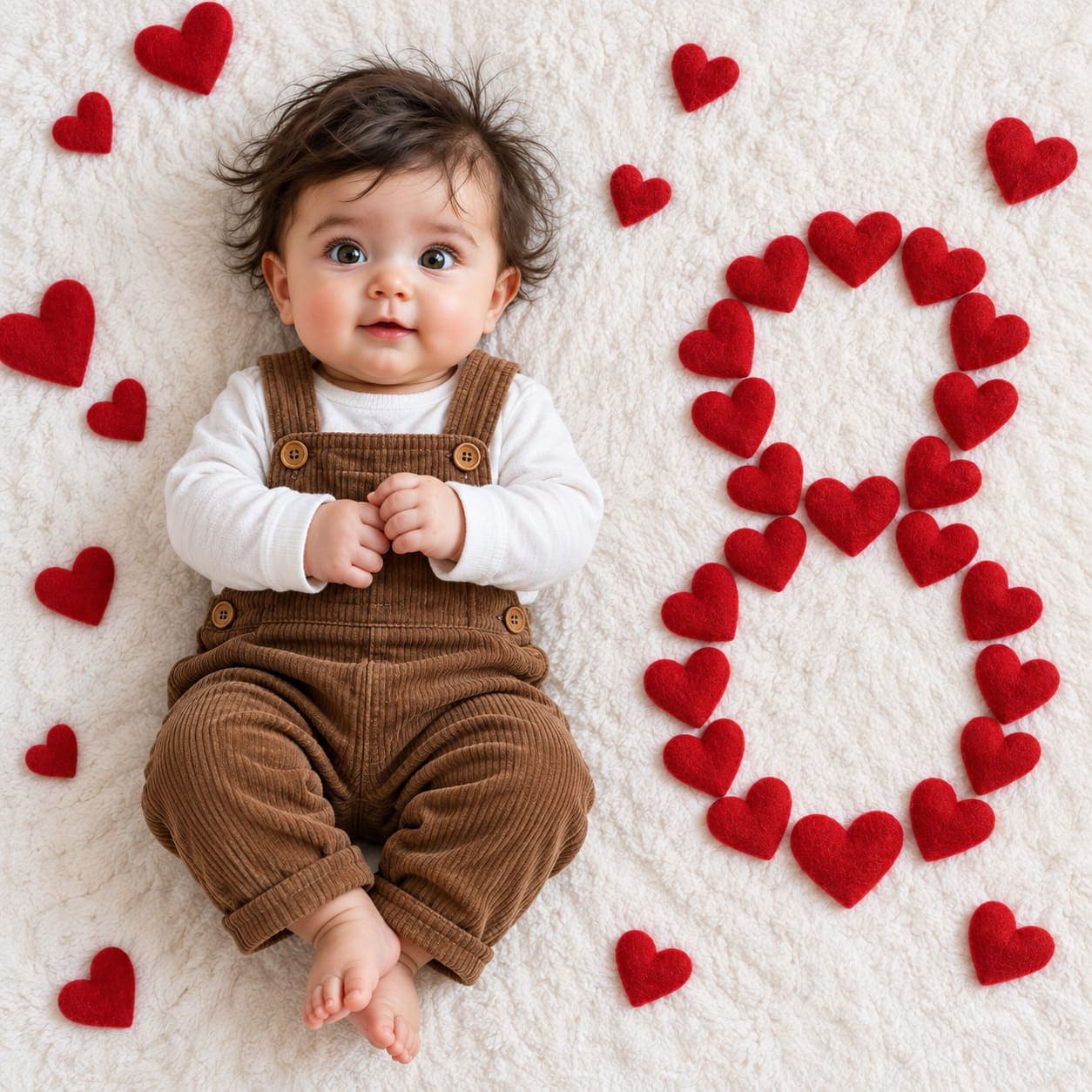 An overhead flat lay of your baby in brown corduroy overalls on a white blanket, with the month number laid out in small red felt hearts.