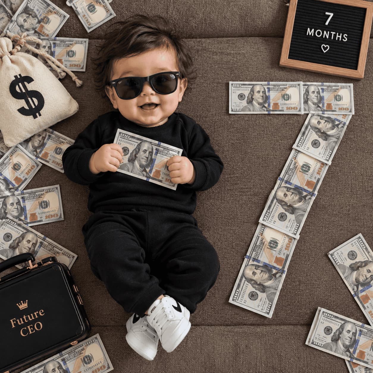 An overhead flat lay of your baby in black with oversized sunglasses on a brown couch, with the month number laid out in hundred-dollar bills.