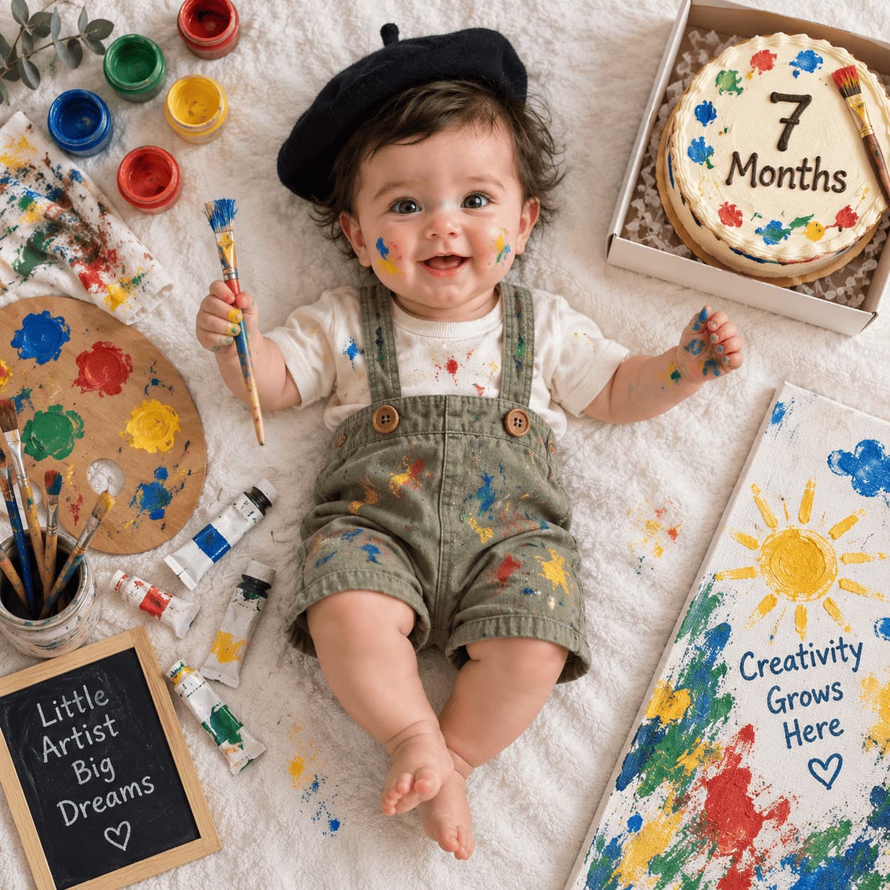 An overhead flat lay of your baby in a black beret and suspender shorts, surrounded by paint pots, brushes and a painted canvas.