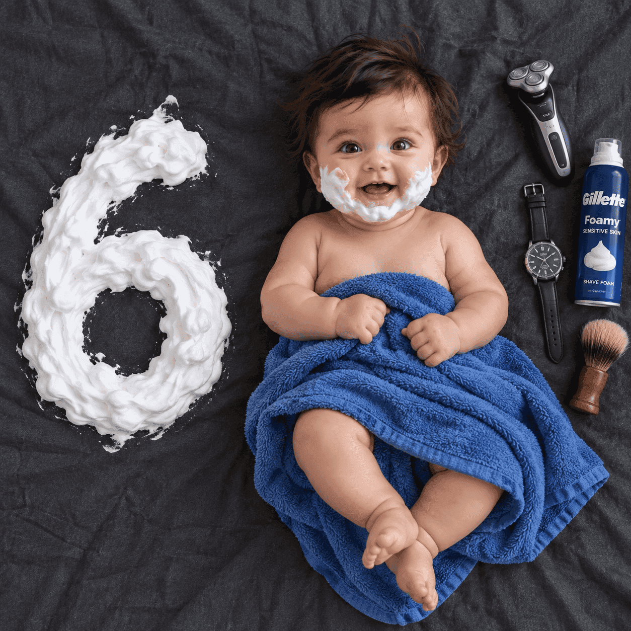 An overhead flat lay on dark charcoal fabric: your baby in a blue towel with a shaving-foam beard, and the month number piped in shaving cream.