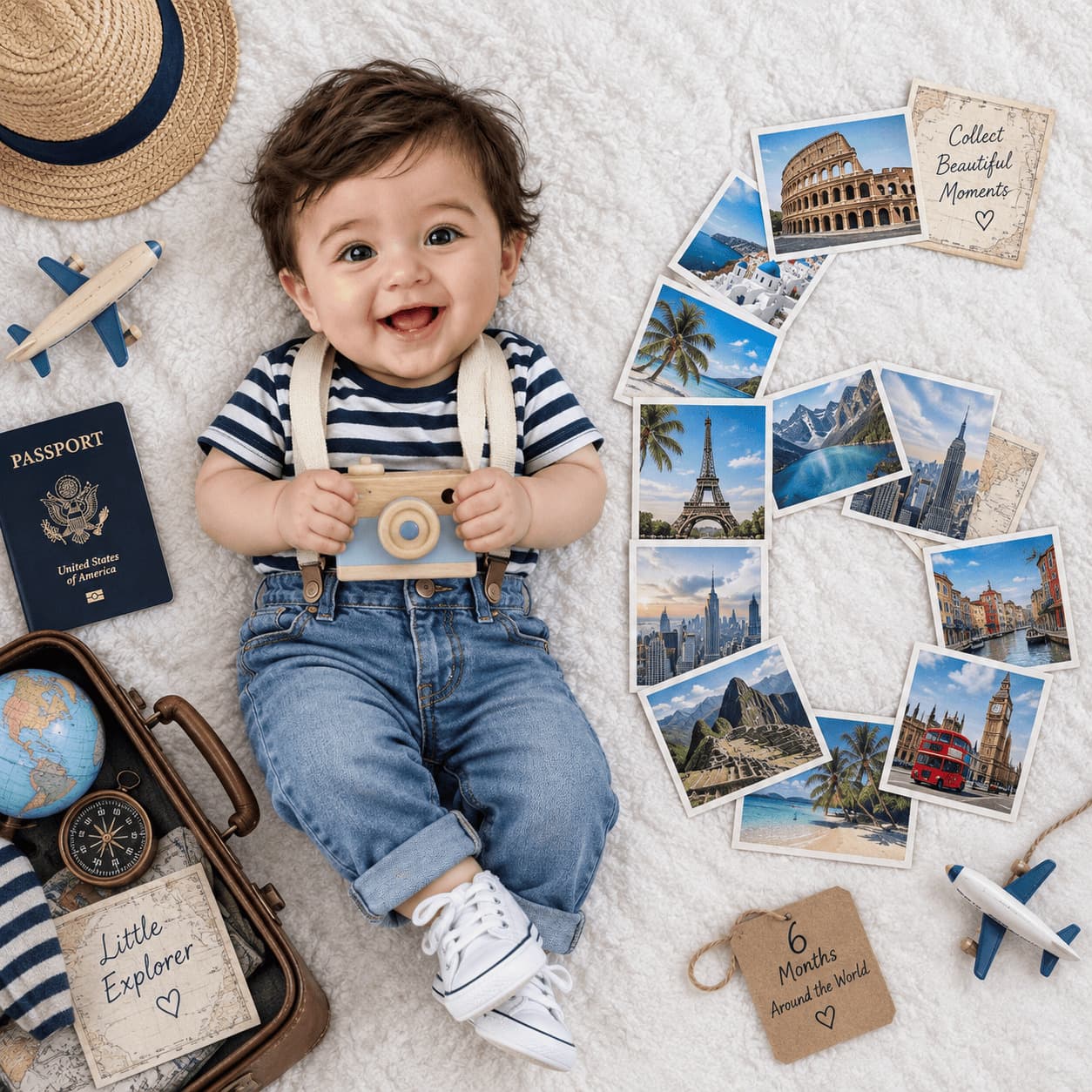 An overhead flat lay of your baby in stripes and suspenders with a toy camera, beside a month number built from printed holiday photographs.