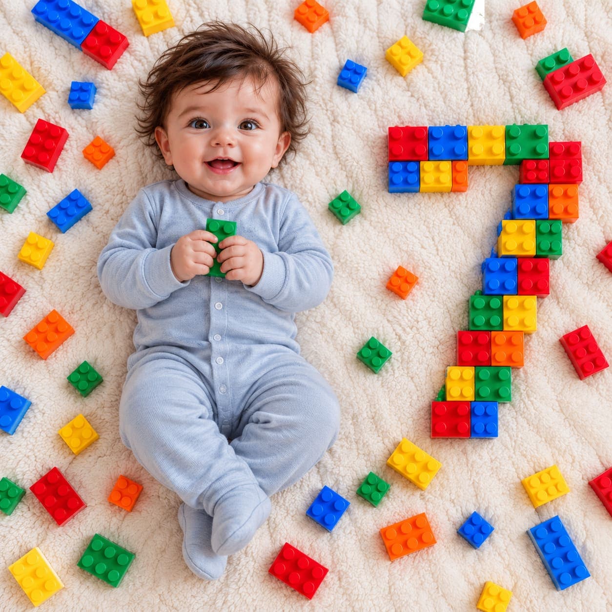 An overhead flat lay of your baby in a soft grey sleepsuit holding a green brick, with the month number built from colourful plastic blocks beside them.