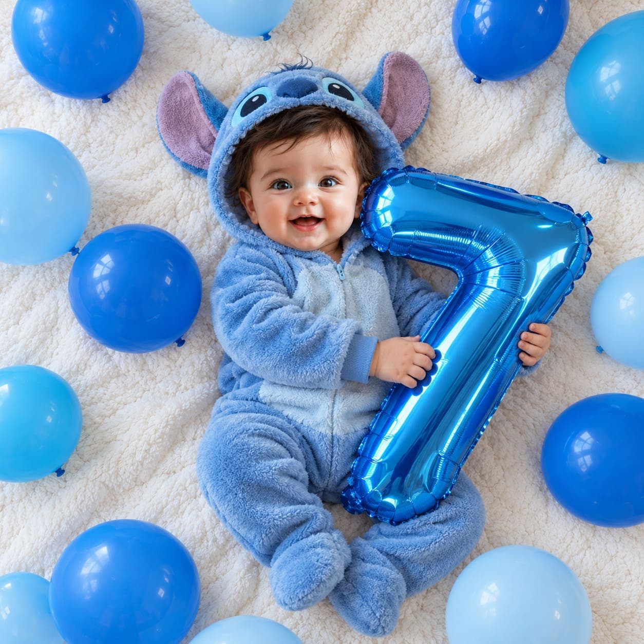 An overhead flat lay of your baby in a fluffy blue Stitch hooded onesie, hugging a blue foil number balloon on a white blanket ringed with blue balloons.