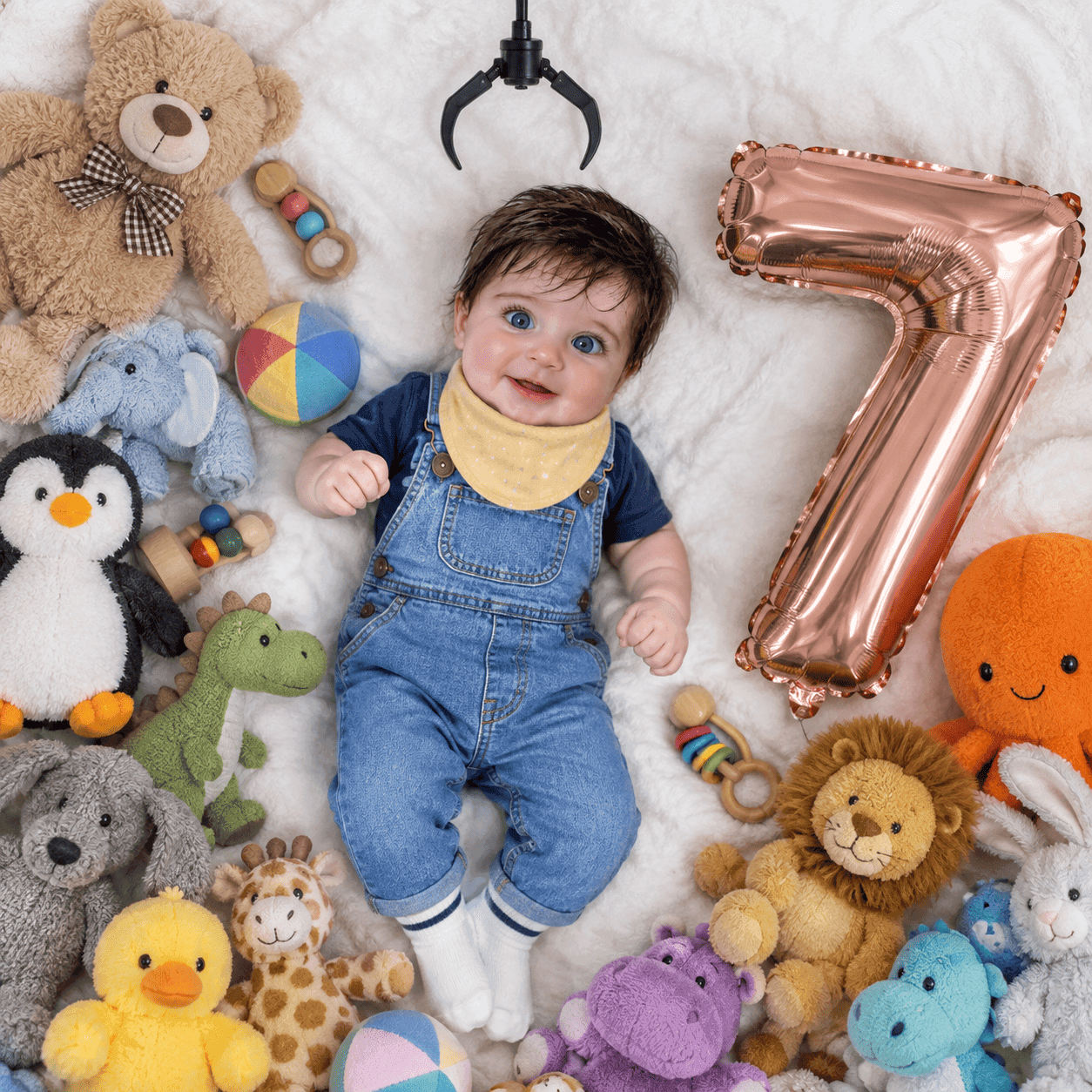 An overhead flat lay of your baby on a white padded mat buried in soft toys, with a big rose-gold number balloon beside them and a claw-machine grabber hanging over their head.