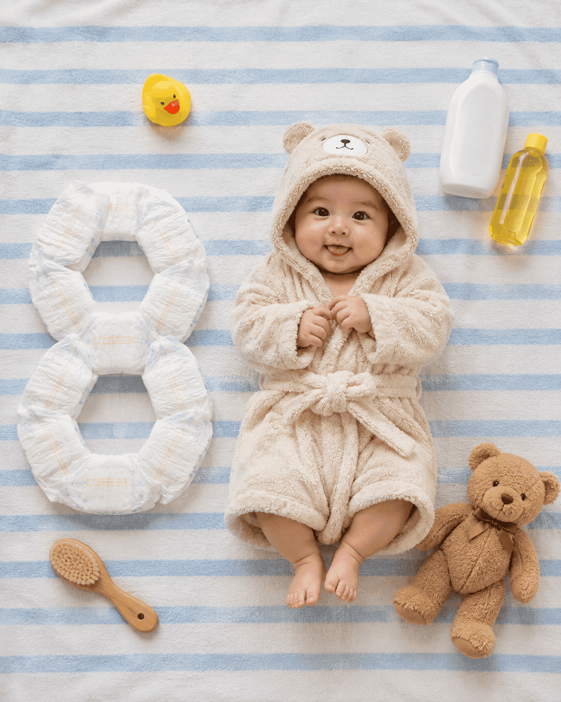 An overhead flat lay of your baby in a plush hooded bathrobe on a blue-and-white striped towel, with the month number built out of nappies beside them.