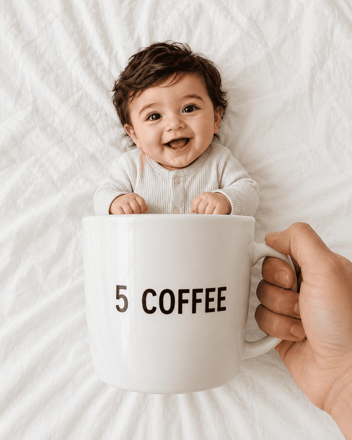 A milestone shot where an oversized white mug is held in front of your baby so they look like they are sitting in it, with the month printed on the mug.