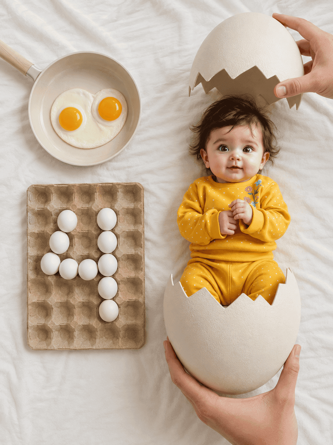 An overhead newborn flat lay where your baby has just hatched from a cracked egg, with the month number spelled out in eggs in a carton.