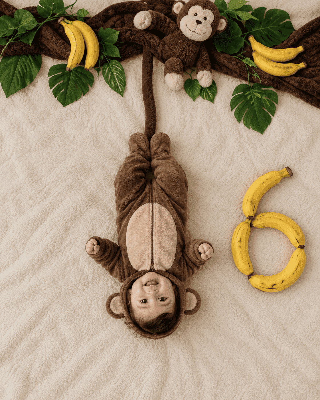 An overhead shot with your baby upside down in a monkey onesie, a fabric branch across the top and a tail running down to their feet, with the month number in bananas.