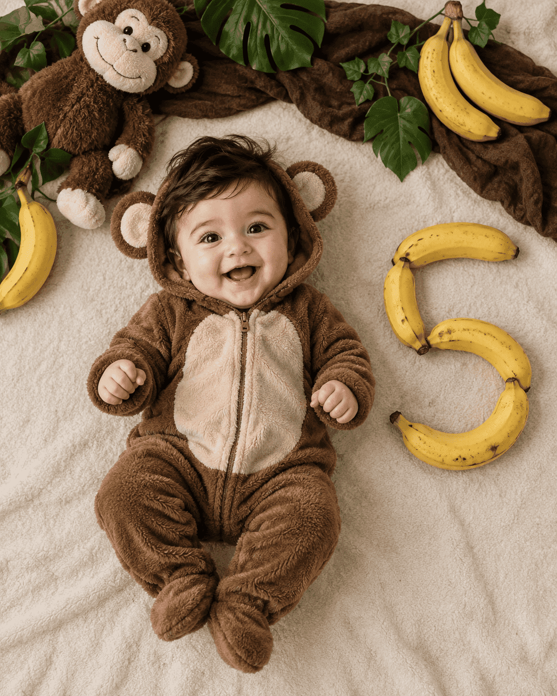 An overhead shot of your baby in a soft monkey onesie on a warm beige backdrop, with tropical leaves, a plush monkey and the month number laid out in real bananas.