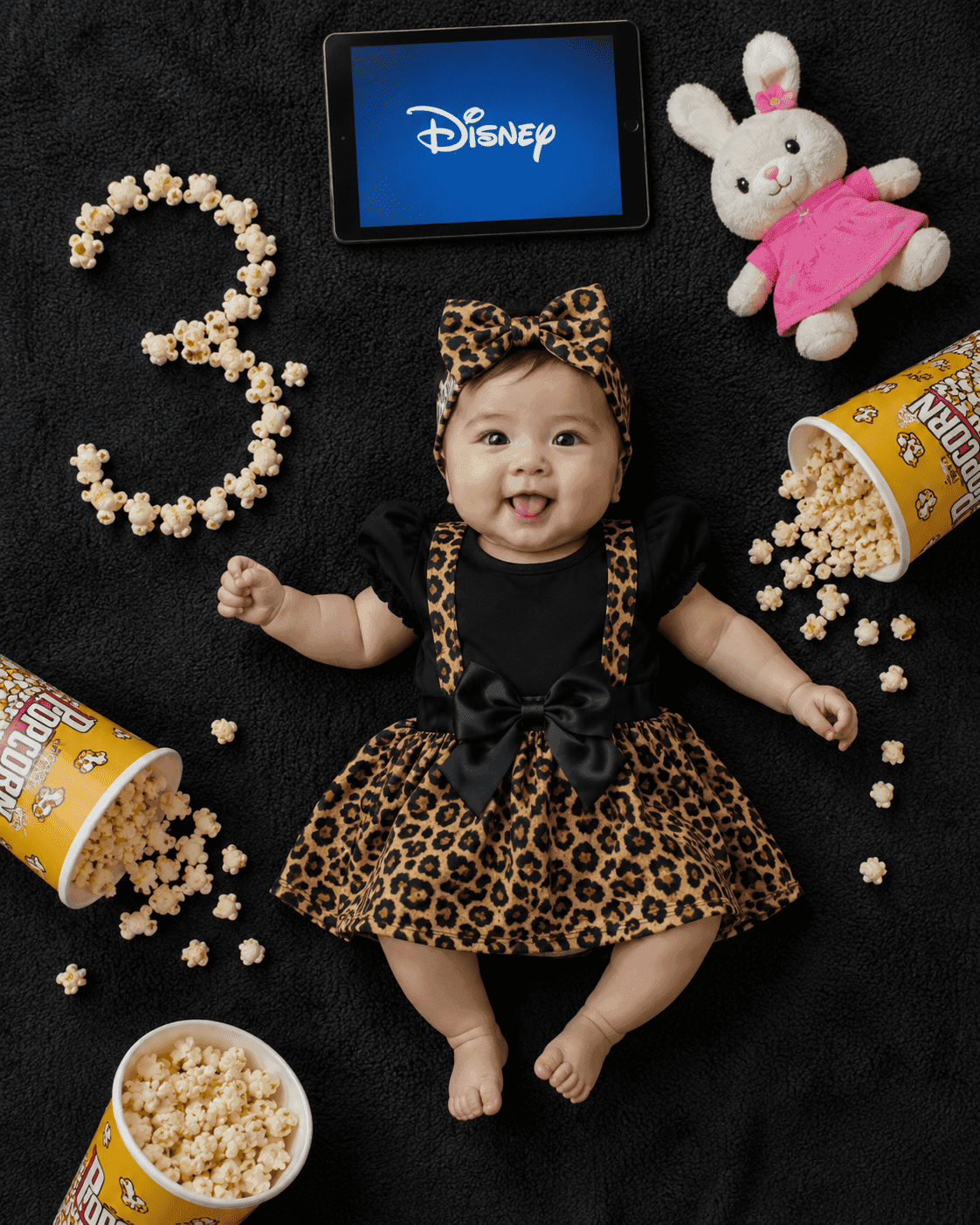 An overhead flat lay of your baby in a leopard-print movie night outfit on a charcoal blanket, with the month number spelled out in popcorn.