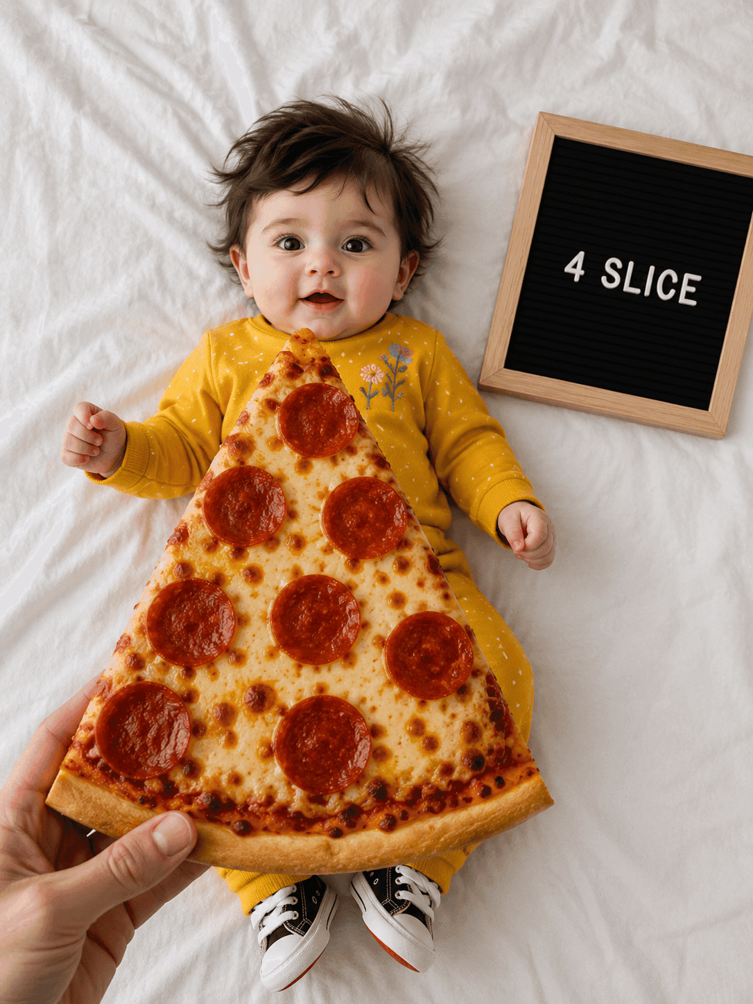 An overhead milestone shot where an oversized slice of pepperoni pizza is held over your baby, with a letter board beside them reading the month and the word SLICE.